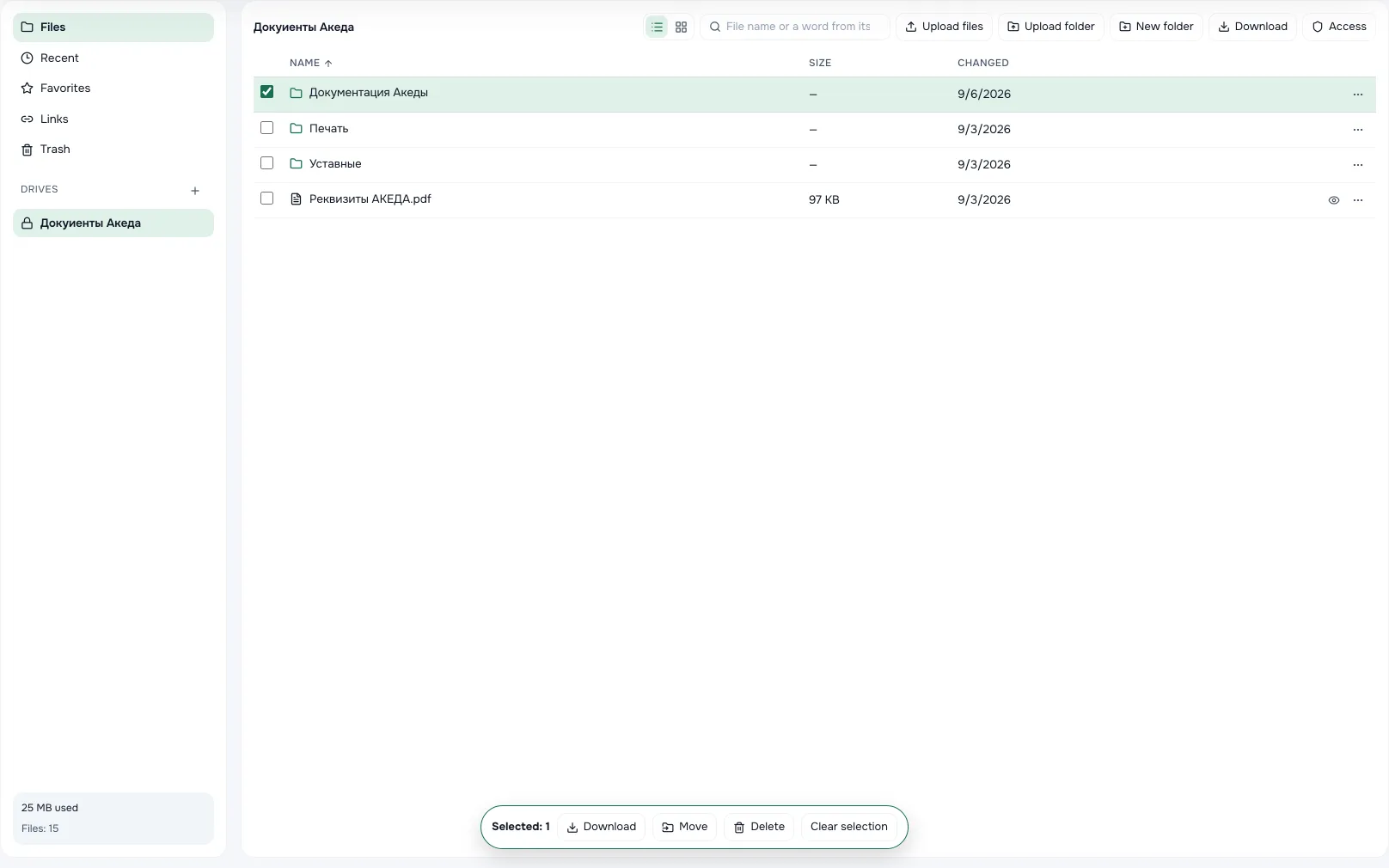 File storage: tree of drives and folders, file list with versions.